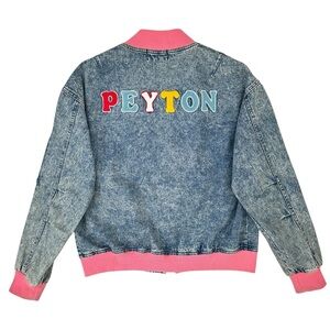 Vintage Reform Medium Wash Blue & Pink Denim Embroidered Loose Fit Bomber Jacket